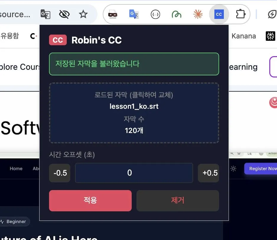 한글 자막이 적용된 강좌 화면