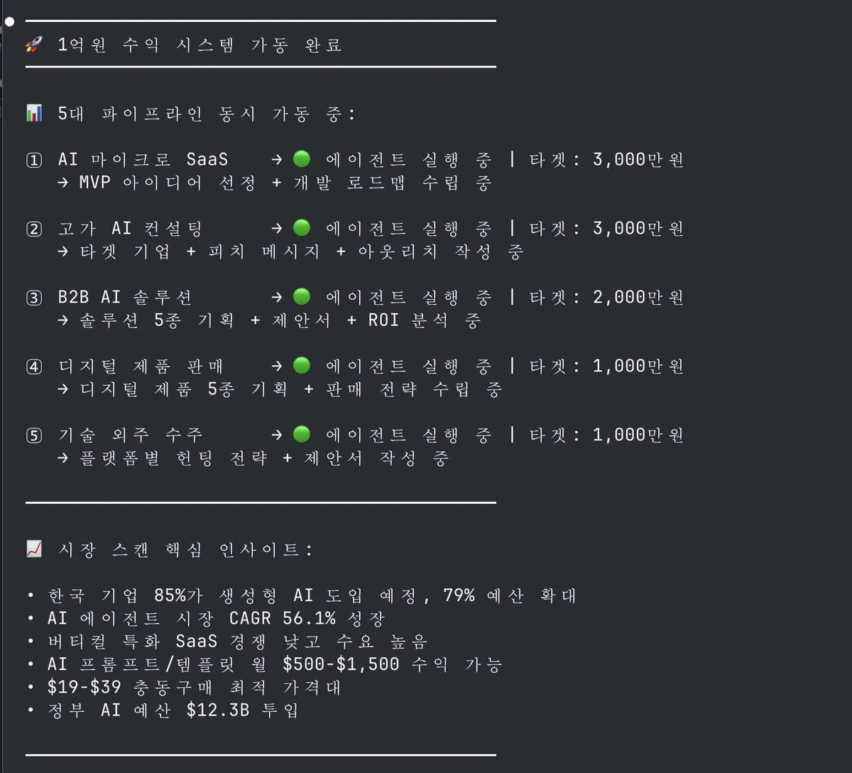 5개 파이프라인의 병렬 실행 현황