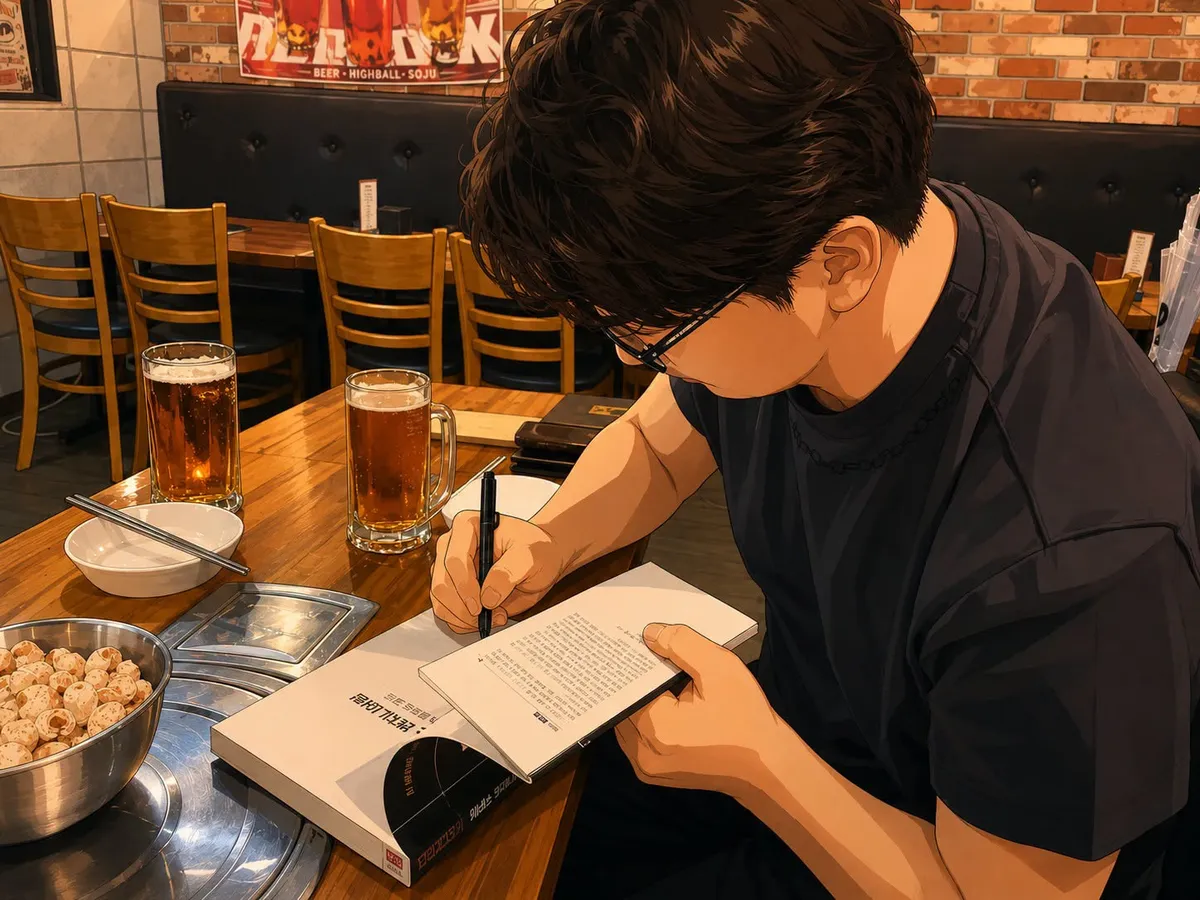 서점에 놓인 책과 사인 장면