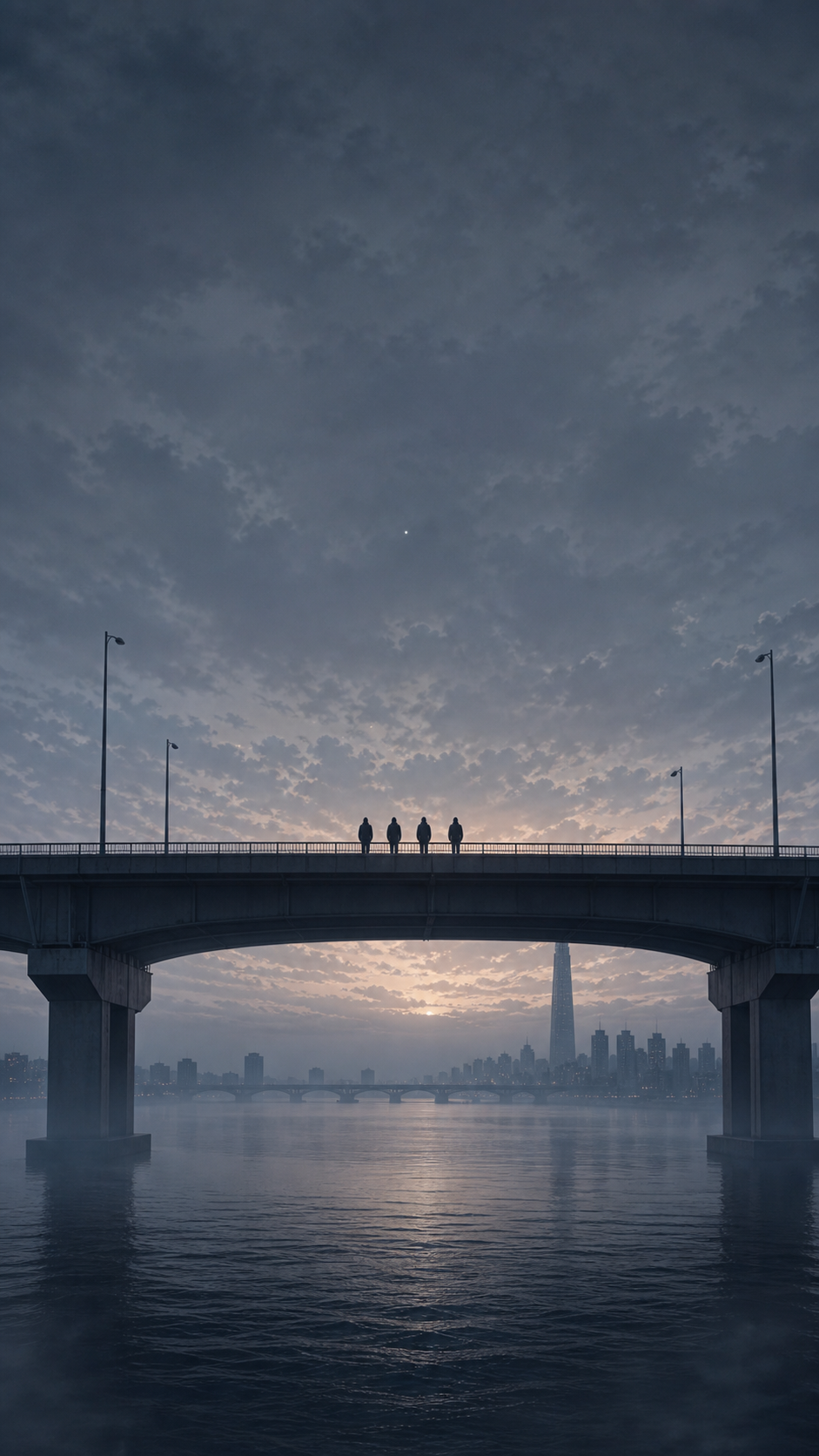 새벽 한강대교 부감 - 4명 실루엣