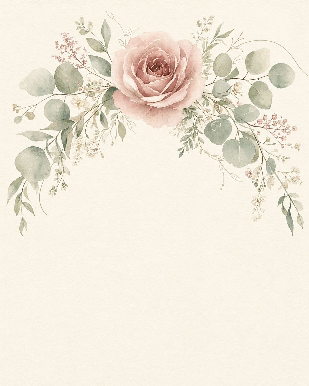 더스티 로즈 장미와 세이지 유칼립투스 가지의 워터컬러 보태니컬 일러스트